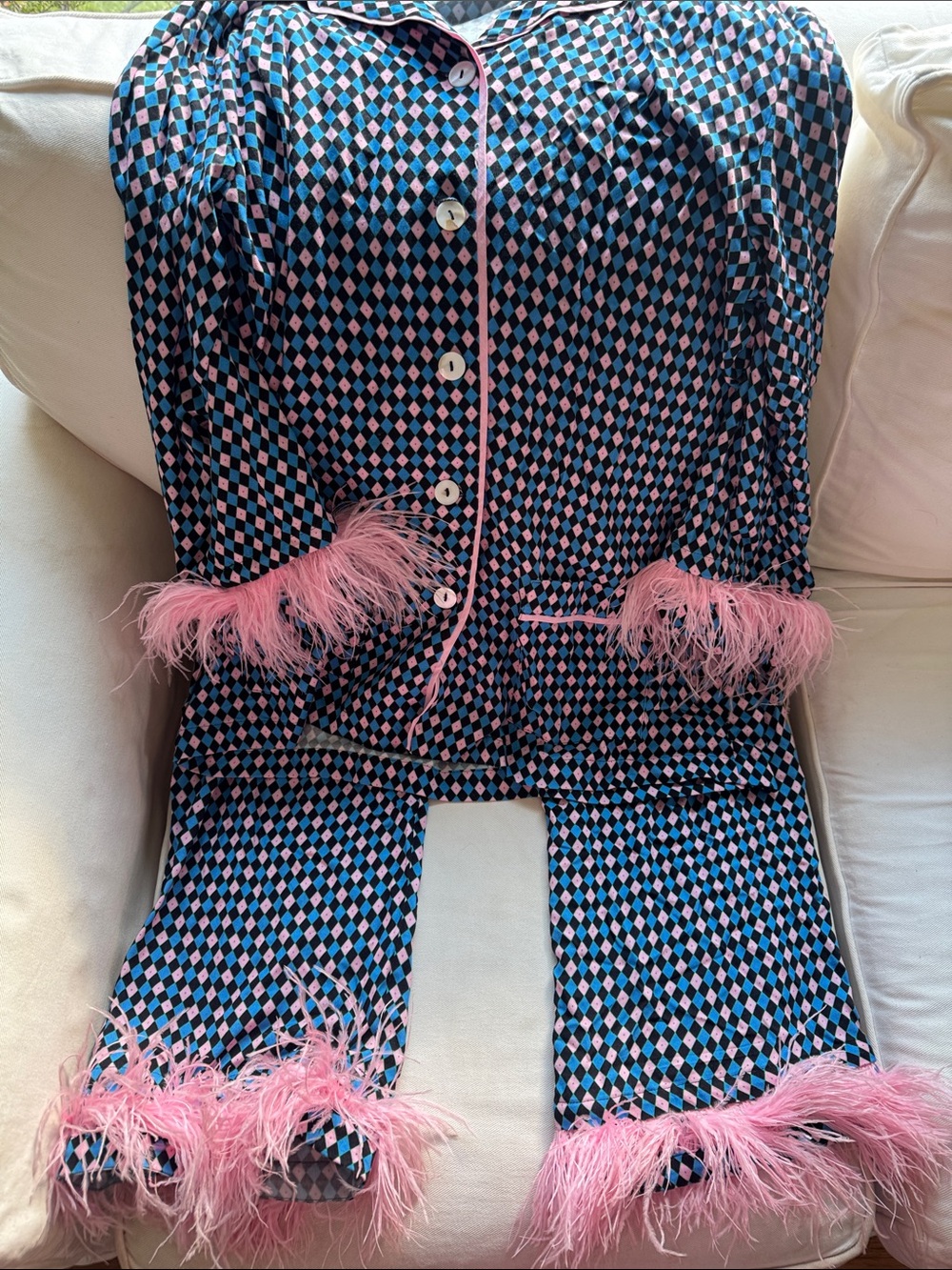 Sleeper Pink and Blue Diamond-Print Feather-Trim Set
